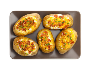 Tasty baked potatoes with stuffing isolated on white, top view
