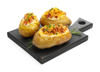 Tasty baked potatoes with stuffing isolated on white