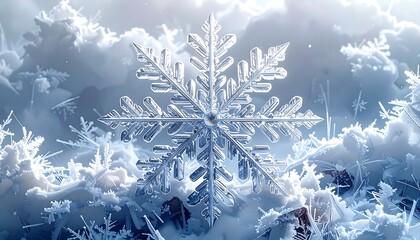 A detailed close-up of a stunning, intricate snowflake, showcasing its complex crystalline structure against a backdrop of other delicate snowflakes and softly illuminated snow.