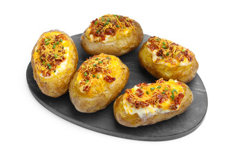 Tasty baked potatoes with stuffing isolated on white