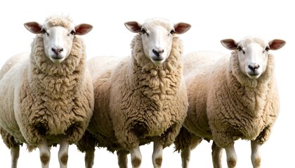Three sheep in a row against white background