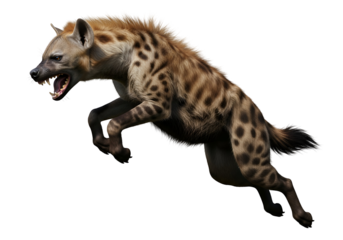 A powerful spotted hyena leaps against a stark black background, its mouth agape in a ferocious expression.