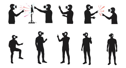 Silhouettes of people interacting with virtual reality technology and systems