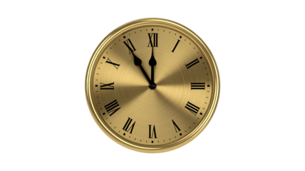 Elegant gold clock with roman numerals showing eleven o'clock on transparent background