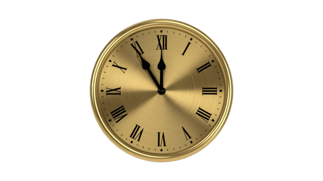 Elegant gold clock with roman numerals showing eleven o'clock on transparent background