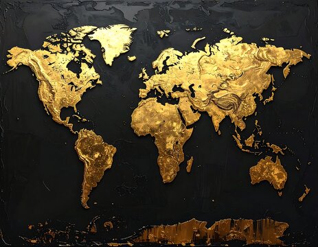 Gold world map on dark textured background