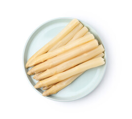 Spears of pickled asparagus isolated on white, top view