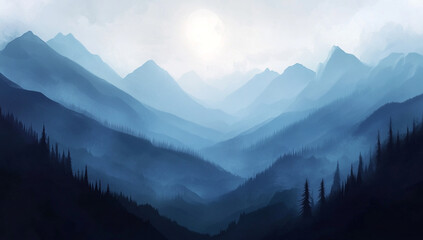 Serene mountain landscape with misty valleys and pine tree silhouettes illustration