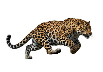 Naklejka premium Powerful jaguar in a dynamic leap against a stark black backdrop.