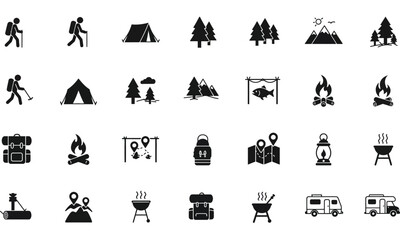 Travel vector icon set with holiday beach, summer sea, tree, sun, boat, and silhouette symbols