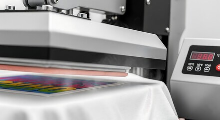 T-shirt printing process showcasing the heat press machine transferring a colorful design onto white fabric.