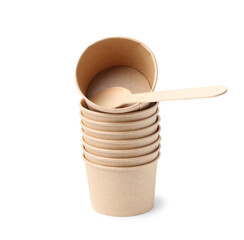 Disposable cup and wooden spoon isolated on white