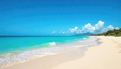 Obraz premium Peaceful Turquoise Ocean Waves Gently Lap Pristine Sandy Beach Under Vibrant Blue Sky Idyllic Coastal Scenery Perfect for Summer Vacation Travel Themes