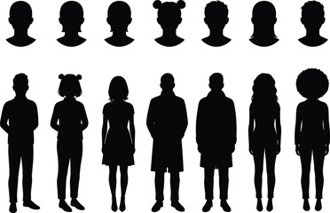 Diverse male and female silhouette avatars, head and full body vector illustration, people icons with different hairstyles and outfits