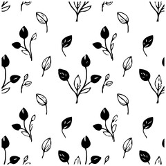 Monochrome nature motif floral repeat pattern with budding leaves and minimalist botanical