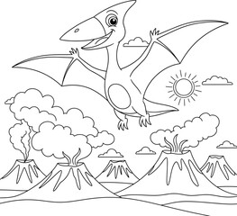 Fototapeta premium Happy Cartoon Pterodactyl Flying Over Erupting Volcanoes - Fun Prehistoric Scene Coloring Book Page for Kids