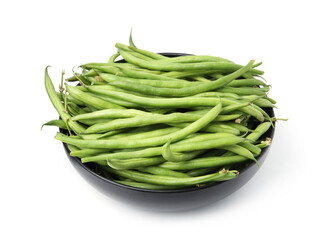 Fresh green bean pods in bowl isolated on white
