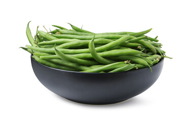 Fresh green bean pods in bowl isolated on white