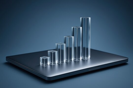 Transparent glass blocks form ascending bar chart on dark surface graph data - Powered by Adobe
