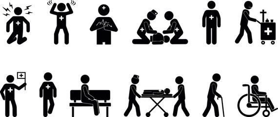 Medical emergency stickman icons set. Patient care, stretcher, wheelchair, hospital scene vector illustration