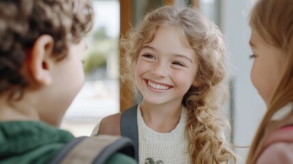 Joyful group of schoolchildren entering classroom on the first day of school
