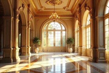 Fototapeta premium Sunlit Golden Foyer Majestic Interior Architecture with Ornate Details and Gleaming Surfaces. A luxurious and elegant space, perfect for showcasing high-end design and opulent living.