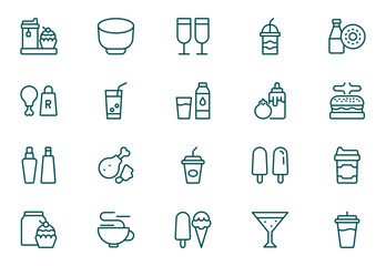 Takeaway Outline icon set. Fast food vector icon line set. Burger sandwich pizza hot dog cola coffee sweets. Thin outline icons pack. Vector illustration