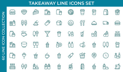 Takeaway Outline icon set. Fast food vector icon line set. Burger sandwich pizza hot dog cola coffee sweets. Thin outline icons pack. Vector illustration
