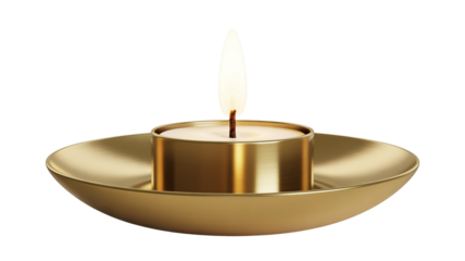 Golden candle with a bright flame sits in a matching golden candle holder on black on transparent background