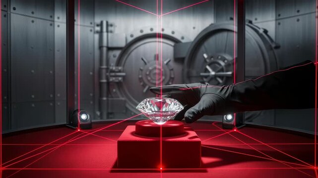 Thief hand in black glove attempts to steal a diamond from a high security vault protected by laser alarms, break in footage.