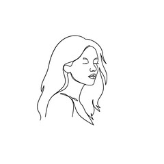 Line art of a calm woman with long hair and closed eyes  
