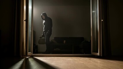 Hooded male burglar entering home and escaping with stolen goods in a bag, a breaking and entering crime video footage.