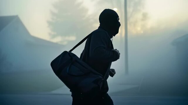 Man in balaclava running with bag in foggy suburban neighborhood, burglar escaping crime scene footage.