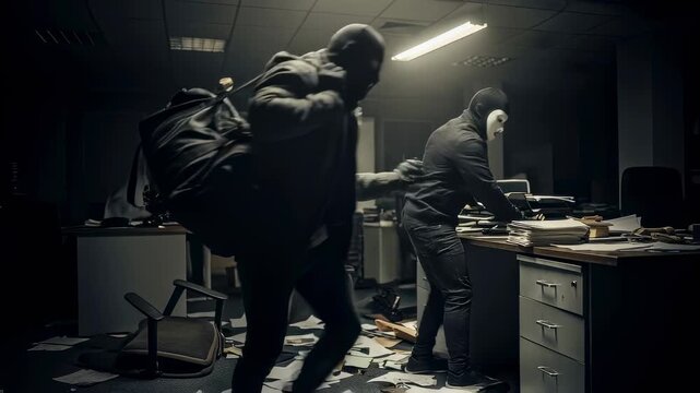 Two men masked burglars ransack an office, throwing papers and searching through files during a robbery to steal sensitive information, footage.