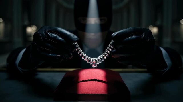 Thief man with a ski mask stealing a diamond necklace from a dark room for a heist or burglary concept, video footage