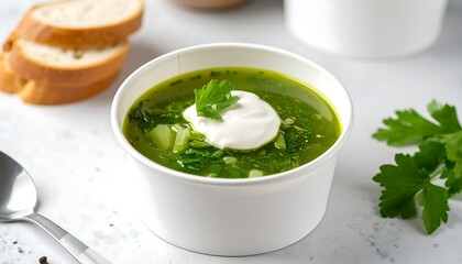 Creamy green soup in a disposable container