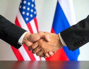 Businessmen shaking hands, flags in background
