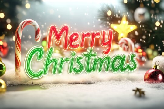 Festive merry christmas neon sign with candy canes and christmas ornaments in snowy winter scene