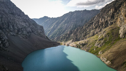 The aerial view of Ala Kul Lake in Kyrgyzstan