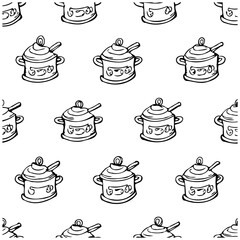 Seamless repeating pattern featuring hand drawn soup pots, creating a culinary themed wallpaper