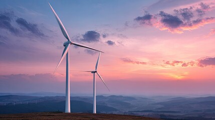 Sunset landscape with two wind turbines