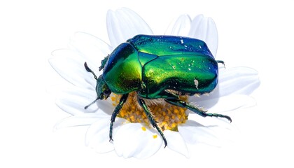 A vibrant emerald-green beetle rests delicately on a pristine white daisy, showcasing its iridescent beauty against a plain backdrop.