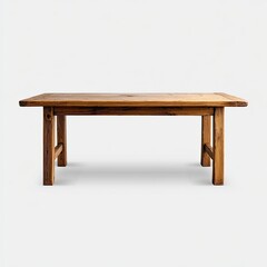 Fototapeta premium Rustic rectangular dining table crafted from rich, dark brown wood; features a simple, sturdy design with slightly tapered, block-style legs and a thick, planked tabletop. Minimalist aesthetic