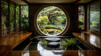 Obraz premium Enchanted Round Window Room A Stunning Interior Featuring a Dramatic Moon Gate and Natural Light