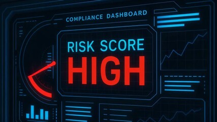 A digital compliance dashboard displaying a high risk score, showcasing data analytics and risk assessment metrics. - Powered by Adobe