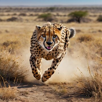 A gracefully sprinting cheetah, its sleek body stretched in mid-air as it chases its prey across the vast plains. This scene is masterfully depicted in a hyper-realistic painting,showcasing the cheeta