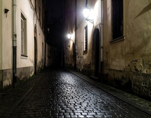 Naklejka premium Night alleyway with cobblestone path