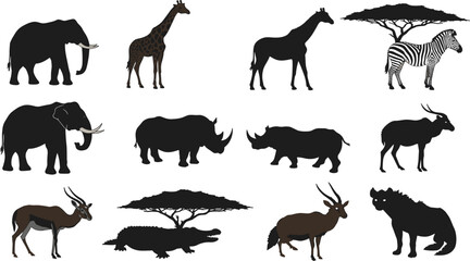 African wildlife vector illustration set with elephant, giraffe, zebra, rhino, antelope, crocodile, hyena, acacia trees, silhouettes, and savanna nature