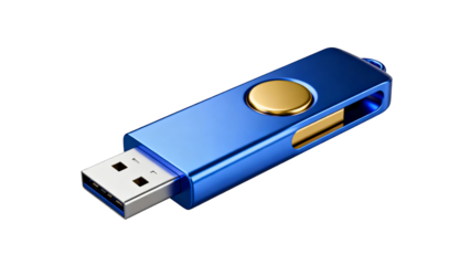 Blue USB Flash Drive with Gold Button and Modern Design