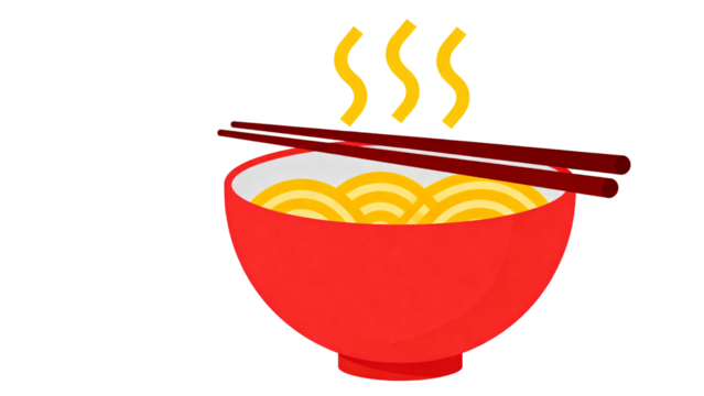 Colorful Red Bowl of Noodles with Chopsticks and Steam Rising